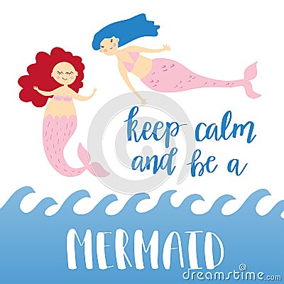 Mermaids card with hand drawn sea elements and lettering. Calligraphy summer quote with blue water drops. Vector print for Stock Photo
