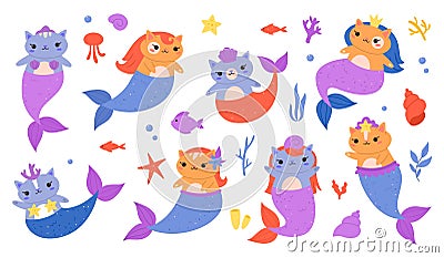 Mermaids cats. Little funny kittens with fish tails and scales, cute fairy ocean creatures, underwater magic fauna Vector Illustration