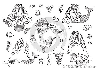 Mermaids with dolphins, fish, jellyfish and medusa. Vector Illustration