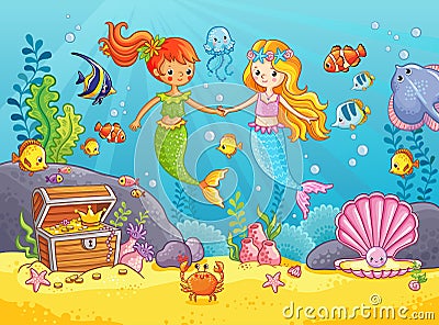 Mermaids among the fishes hold hands. Cartoon Illustration