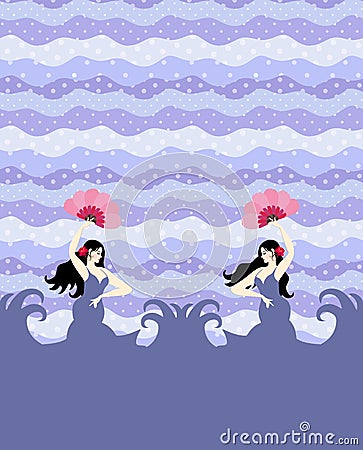 Mermaids, with flowers in their hair and with fans in their hands, are dancing flamenco against the backdrop of the sea waves. Vector Illustration