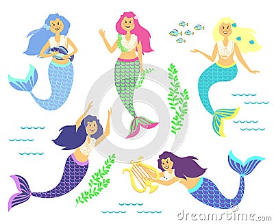 Mermaids. Little cute girls. Underwater world. Sea, ocean. Fantasy, fairy tale. Cute vector illustration for children. Vector Illustration