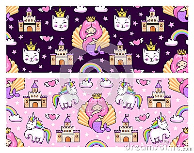 Mermaids, magic unicorns, rainbow and castle. Vector Illustration