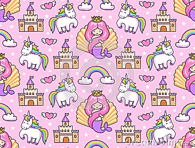 Mermaids, magic unicorns, rainbow, castle. Seamless pattern on a blue background. Vector Illustration