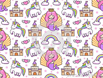 Mermaids, magic unicorns, rainbow and castle. Vector Illustration
