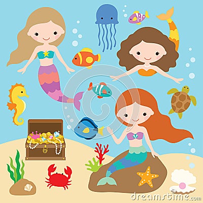Mermaids Under the Sea with Fishes, Jellyfish, Seahorse, Crab, Starfish, Treasure Chest. Vector Illustration