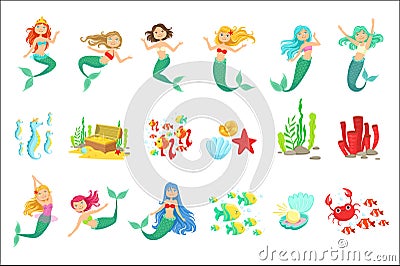 Mermaids And Underwater Nature Stickers. Cute Cartoon Childish Style Illustrations Isolated Vector Illustration