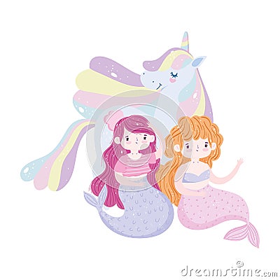 Mermaids and unicorn rainbow mane love magic cartoon Vector Illustration