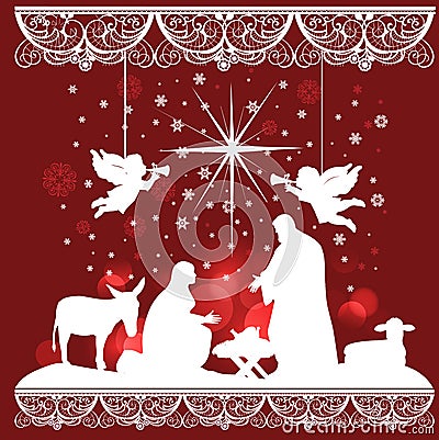 Merry Christmas banner with Nightly christmas scenery Vector Illustration