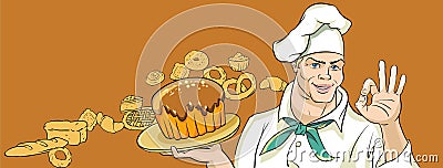 Merry Baker with cake Vector Illustration