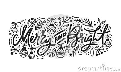 Merry And Bright Christmas Lettering Vector Illustration