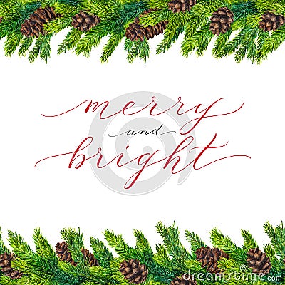 Merry and Bright text on watercolor christmas border Stock Photo