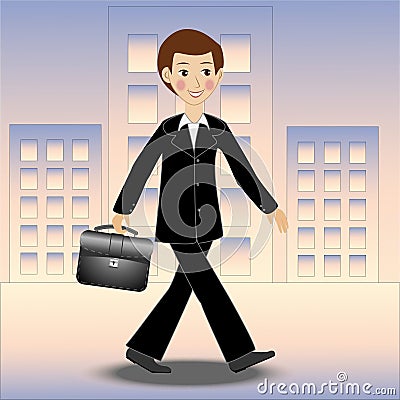 Merry business man walks along the street on work Vector Illustration