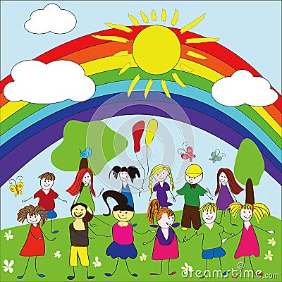 Merry children background with rainbow and sun Stock Photo