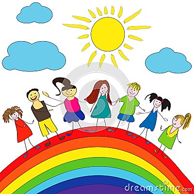 Merry children and rainbow, happy life Vector Illustration