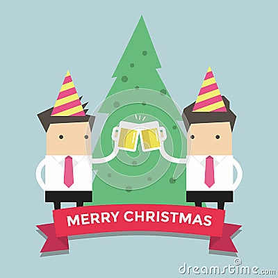 Merry Chirstmas businessmen toasting glasses of beer Vector Illustration