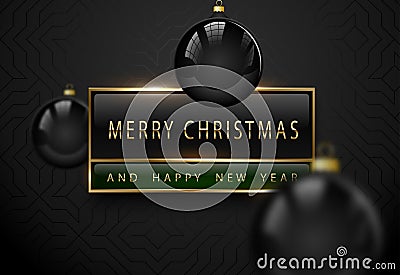 Merry Chistmas and happy new year luxury banner. Golden text, black green rectangular label frame banner. Dark geometric pattern Vector Illustration
