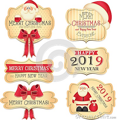 Merry Christamas and Happy New Year banners with cute red bow and Santa Claus Vector Illustration