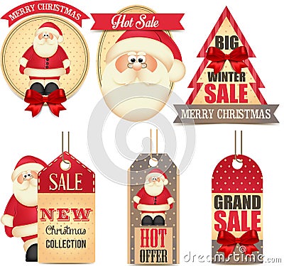 Merry Christamas and Happy New Year banners with cute red bow and Santa Claus Vector Illustration