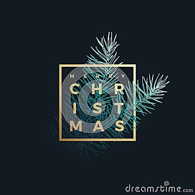 Merry Christmas Abstract Vector Classy Label, Sign or Card Template. Hand Drawn Fir-Needle Spruce Branch Illustration Vector Illustration