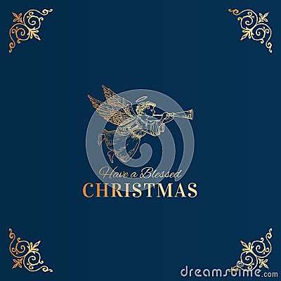 Merry Christmas Abstract Vector Classy Label, Sign or Card Template. Hand Drawn Golden Angel with Horn Sketch Vector Illustration