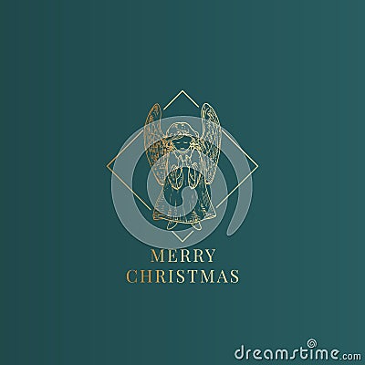 Merry Christmas Abstract Vector Classy Label, Sign or Card Template. Hand Drawn Golden Angel Sketch Illustration with Vector Illustration