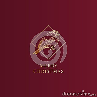 Merry Christmas Abstract Vector Classy Label, Sign or Card Template. Hand Drawn Golden Bullfinch Bird Sketch Vector Illustration
