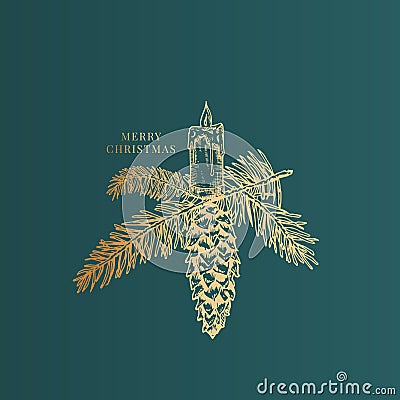 Merry Christmas Abstract Vector Classy Label, Sign or Card Template. Hand Drawn Golden Fir-Needle, Strobile, Mistletoe Vector Illustration