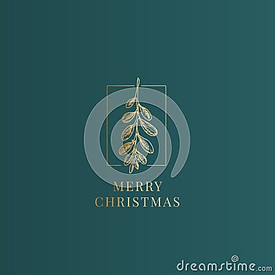 Merry Christmas Abstract Vector Classy Label, Sign or Card Template. Hand Drawn Golden Mistletoe Branch Sketch Vector Illustration