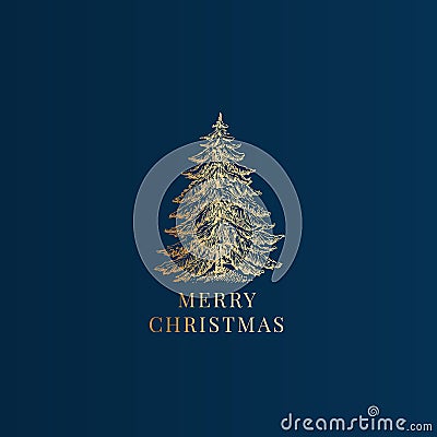 Merry Christmas Abstract Vector Classy Label, Sign or Card Template. Hand Drawn Golden Pine Tree Sketch Illustration Vector Illustration