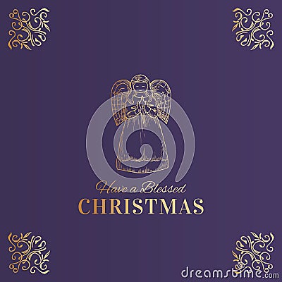 Merry Christmas Abstract Vector Classy Label, Sign or Card Template. Hand Drawn Golden Praying Angel with a Star Sketch Vector Illustration