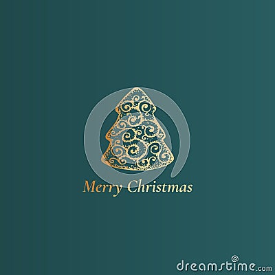 Merry Christmas Abstract Vector Classy Label, Sign or Card Template. Hand Drawn Golden Tree Cookie Sketch Illustration Vector Illustration