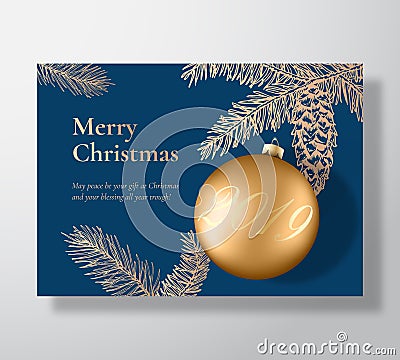 Merry Christmas Abstract Vector Greeting Card, Poster or Holiday Background. Xmas Ball with Soft Shadows and Sketch Fir Vector Illustration