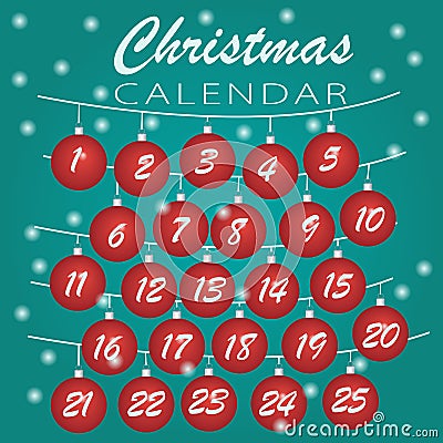 Merry Christmas. Advent calendar Holiday template with Christmas balls numbers for Christmas calendar Vector Illustration