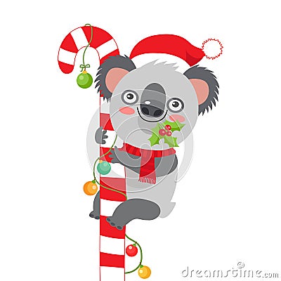 Merry Christmas From Australia Koala Christmas Card. Cute Animal Cartoon Character. Vector Illustration