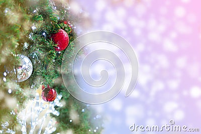 Merry Christmas background greeting for snow or new year scenes with golden sparkle ball with decorated Christmas tree green leaf Stock Photo