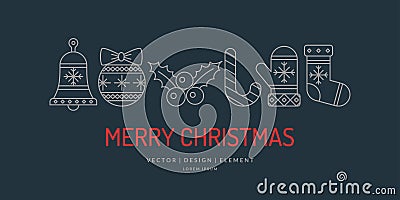 Merry Christmas background in linear minimalistic style. Vector Illustration