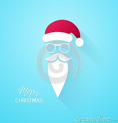 Merry Christmas background. Santa Claus moustache, beard and glasses on blue background. Vector illustration Vector Illustration