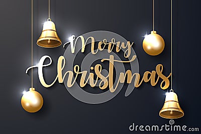 Merry Christmas background with shining gold ornaments. Vector Illustration