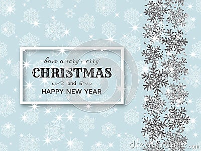 Merry Christmas background with shiny snowflakes, silver tinsel and streamer. Greeting card and Xmas template Vector Illustration