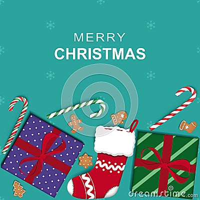 Merry Christmas background with Christmas stocking, gifts, candy canes and gingerbread cookies Cartoon Illustration