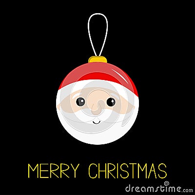 Merry Christmas ball toy hanging. Santa Claus head face, beard, moustaches, white eyebrows, red hat. Tree decoration. Cute cartoon Vector Illustration