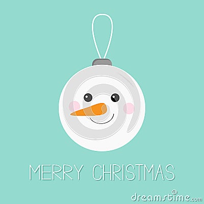 Merry Christmas ball toy hanging. Snowman face head, carrot nose. Cute cartoon funny kawaii character. Tree decoration. Blue winte Vector Illustration