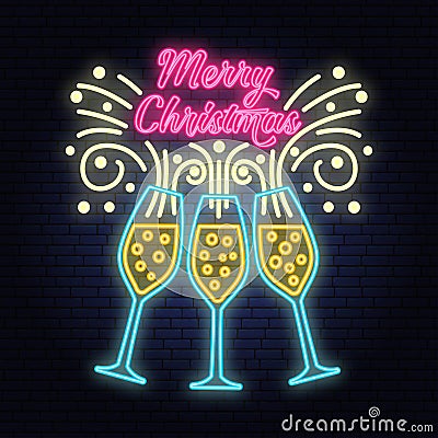 Merry Christmas banner with Champagne glasses neon sign. Vector illustration. Vector Illustration