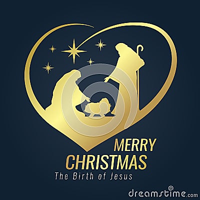 Merry Christmas banner gold sign with Nightly christmas scenery mary and joseph in a manger with baby Jesus and Meteor in heart si Vector Illustration