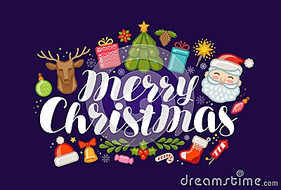 Merry Christmas, banner or greeting card. Xmas, holiday concept. Vector illustration Vector Illustration