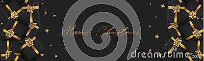 Merry Christmas banner or header. Black luxurious design - presents boxes with golden ribbon and bow, gold stars confetti. Hand wr Vector Illustration