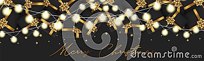 Merry Christmas banner or header. Black luxurious design - presents boxes with golden ribbon and bow, gold stars confetti. Hand wr Vector Illustration