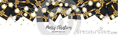 Merry Christmas banner or header. White luxurious design - presents boxes with golden ribbon and bow, gold stars confetti. Vector Illustration