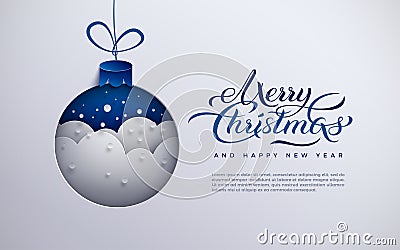 Merry Christmas banner, holiday design, paper Xmas tree toy decoration with snowflakes, snow, text merry christmas, blue backgroun Vector Illustration
